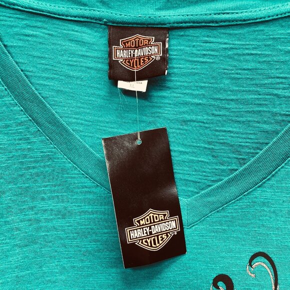 Harley Davidson Women's V-Neck T-Shirt, Size XL, Born to Be Wild, Jade Teal NEW - Picture 2 of 8
